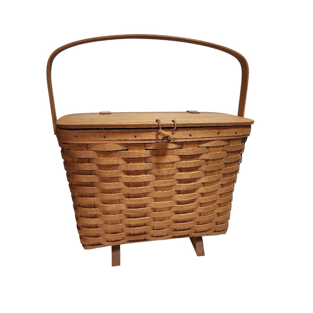 1990 Longaberger Footed Magazine Basket w/ Lid & Swing Handle Signed Dated